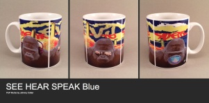 See Hear Speak Blue Pop Mugs by Johnny Cotter